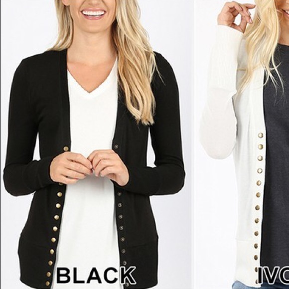 Black Snap Button Cardigan Ribbed Sweater - Picture 3 of 3